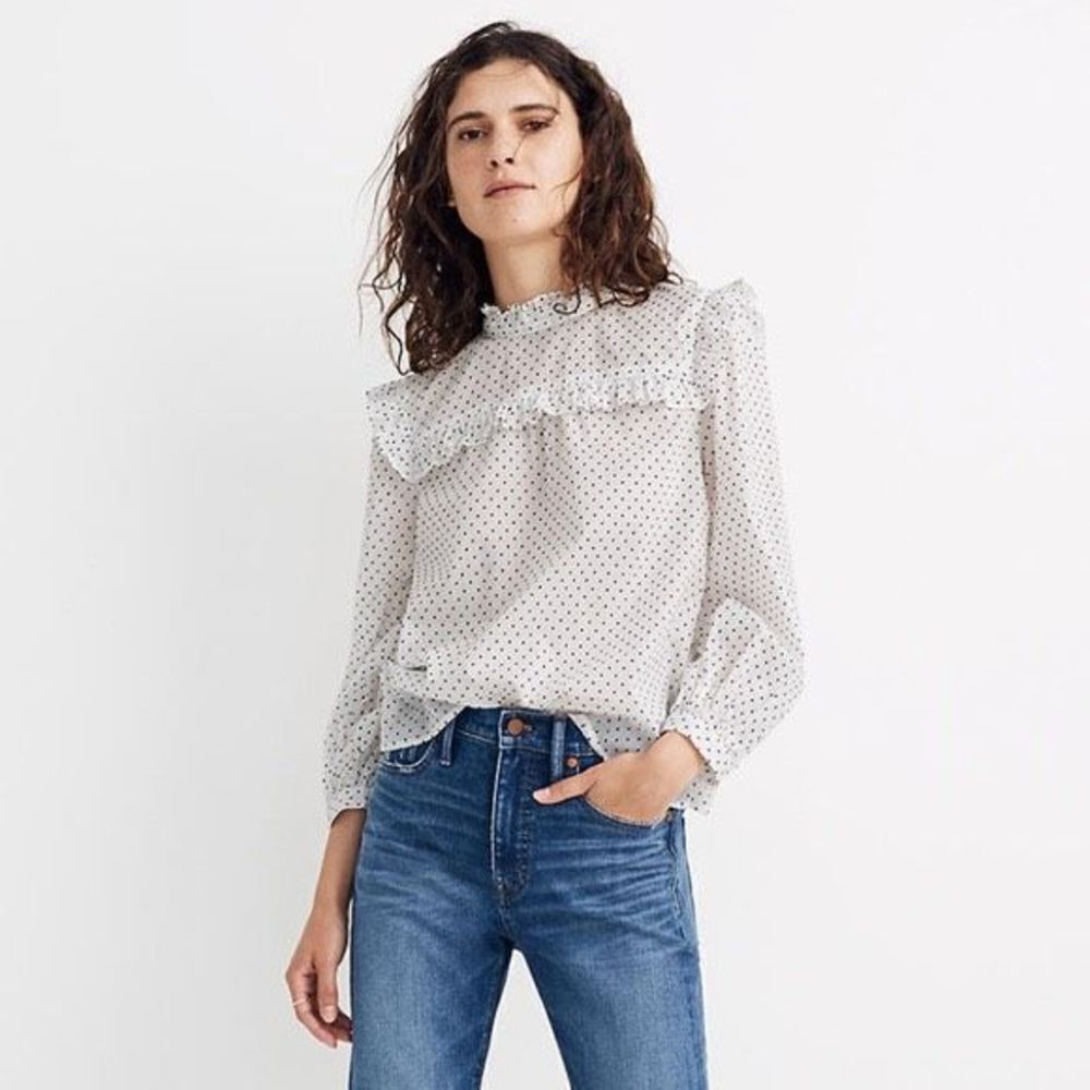 Madewell Mockneck Ruffle Top in Flocked Dot‎ Size S